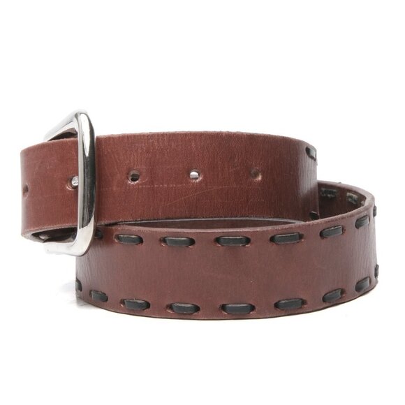 Vintage ASK Leather Belt Single Prong Contrast Trimmed Brown Black Silver Buckle - Picture 9 of 12